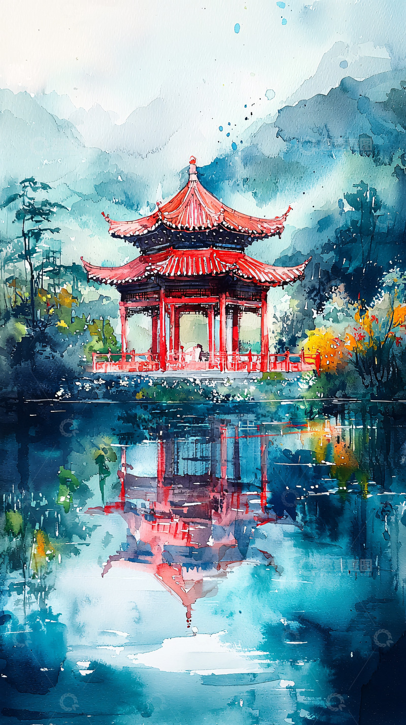 高清大图下载【趣麦麦图】水彩亭台倒影风景
