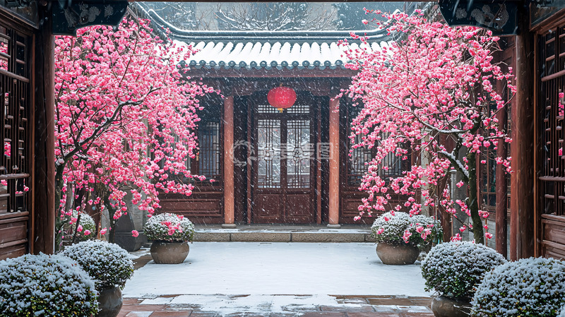 高清大图下载【趣麦麦图】雪中红梅古风建筑