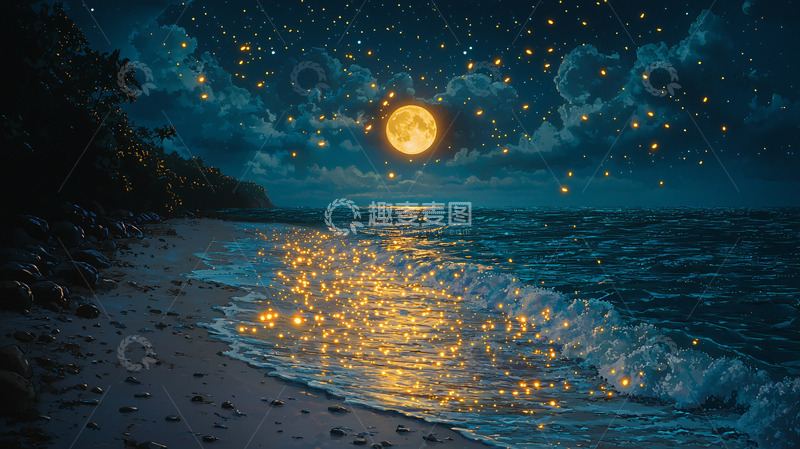 高清大图下载【趣麦麦图】满月下的海滩夜景