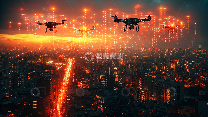 高清大图下载【趣麦麦图】无人机群夜间城市