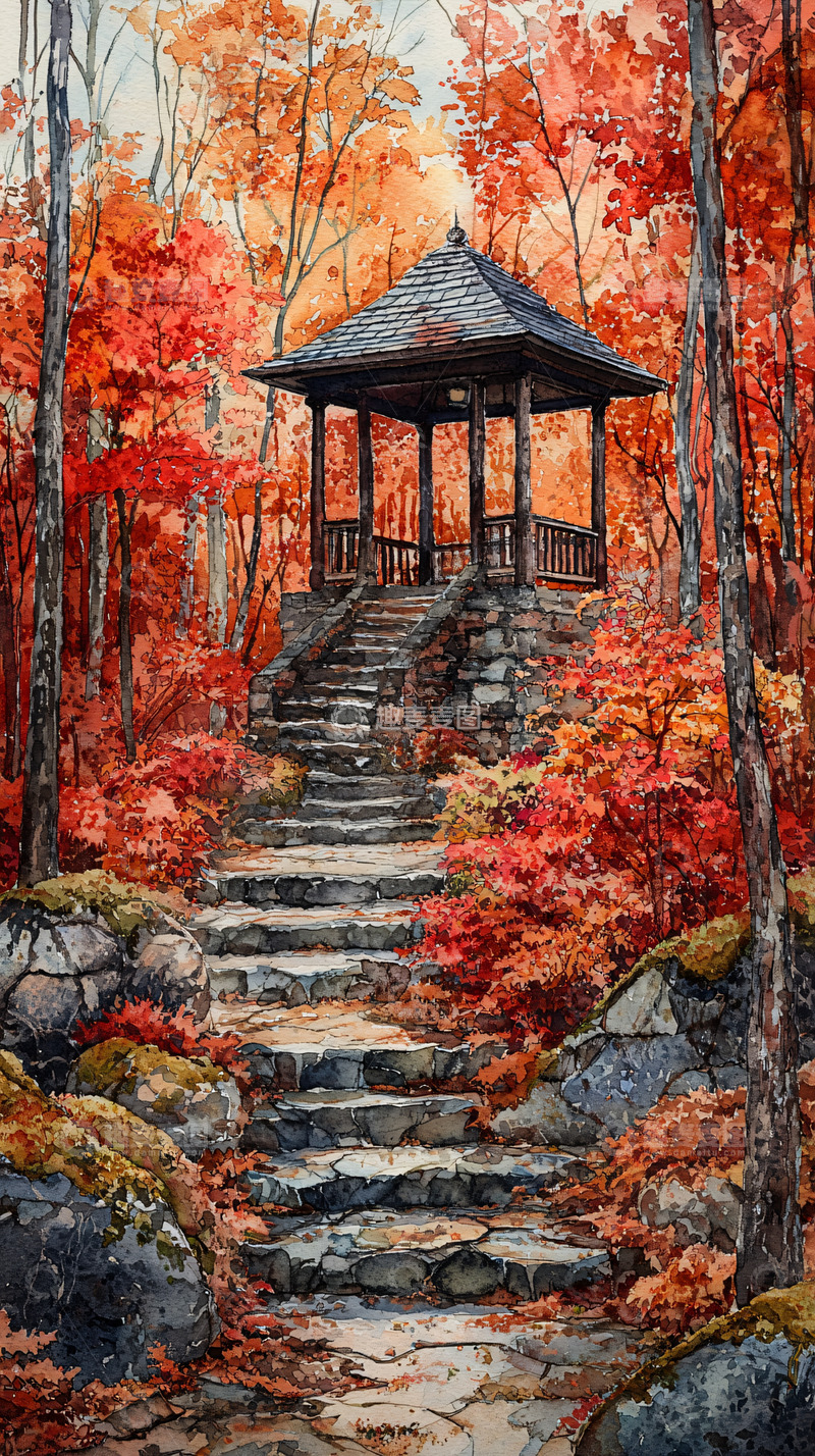 高清大图下载【趣麦麦图】秋日红叶中的石亭