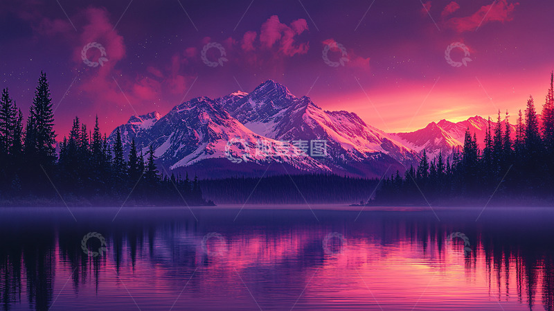 高清大图下载【趣麦麦图】梦幻紫红色日落雪山湖景