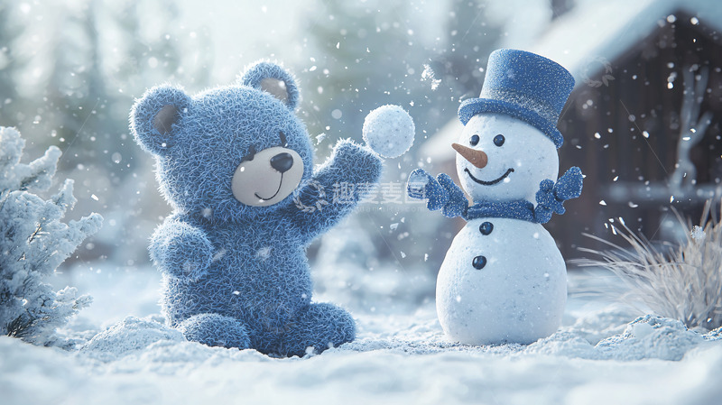 高清大图下载【趣麦麦图】蓝色毛绒熊玩雪人