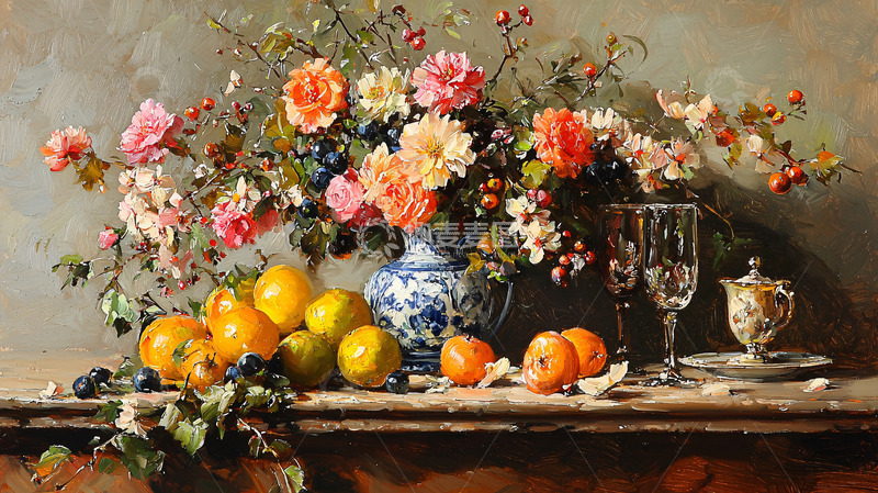 高清大图下载【趣麦麦图】静物油画花卉水果