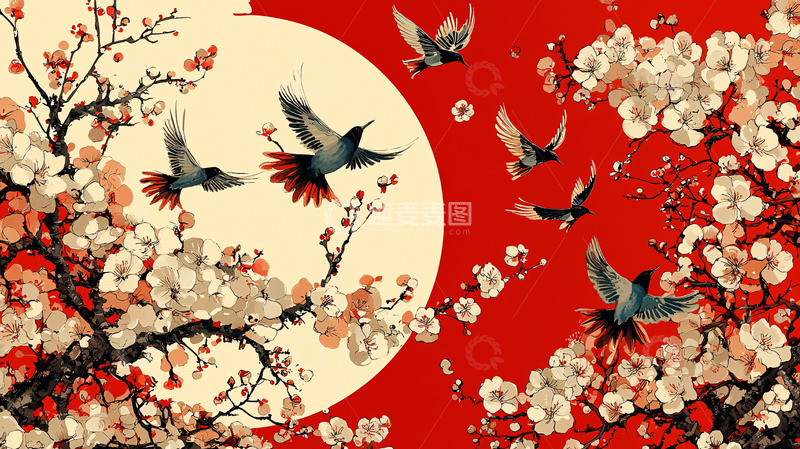 高清大图下载【趣麦麦图】红底白花鸟图