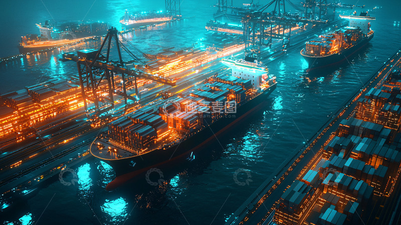 高清大图下载【趣麦麦图】夜晚繁忙港口集装箱码头