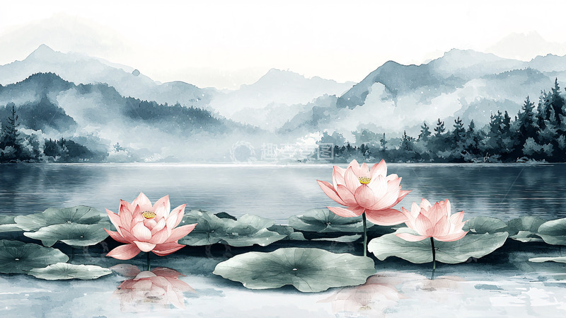 高清大图下载【趣麦麦图】水墨山水荷花
