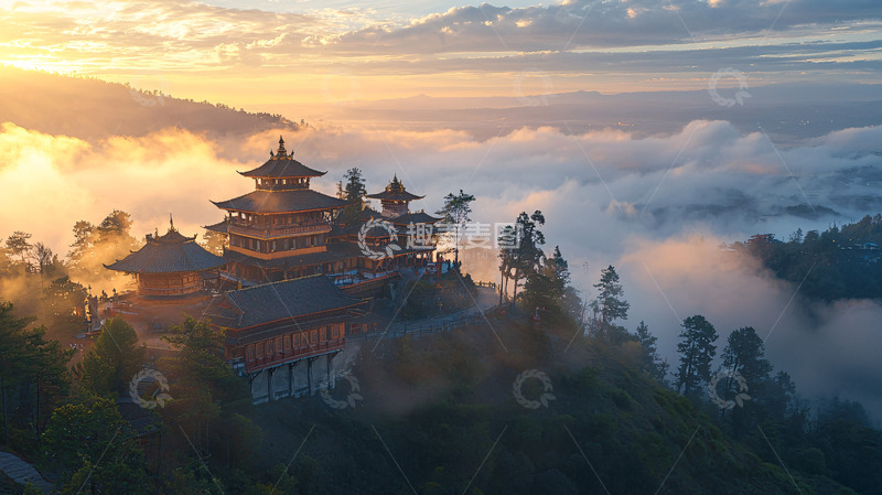 高清大图下载【趣麦麦图】日出云海山顶寺庙
