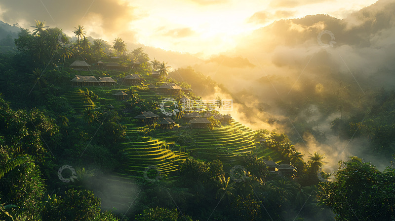 高清大图下载【趣麦麦图】山峦日出村庄景色