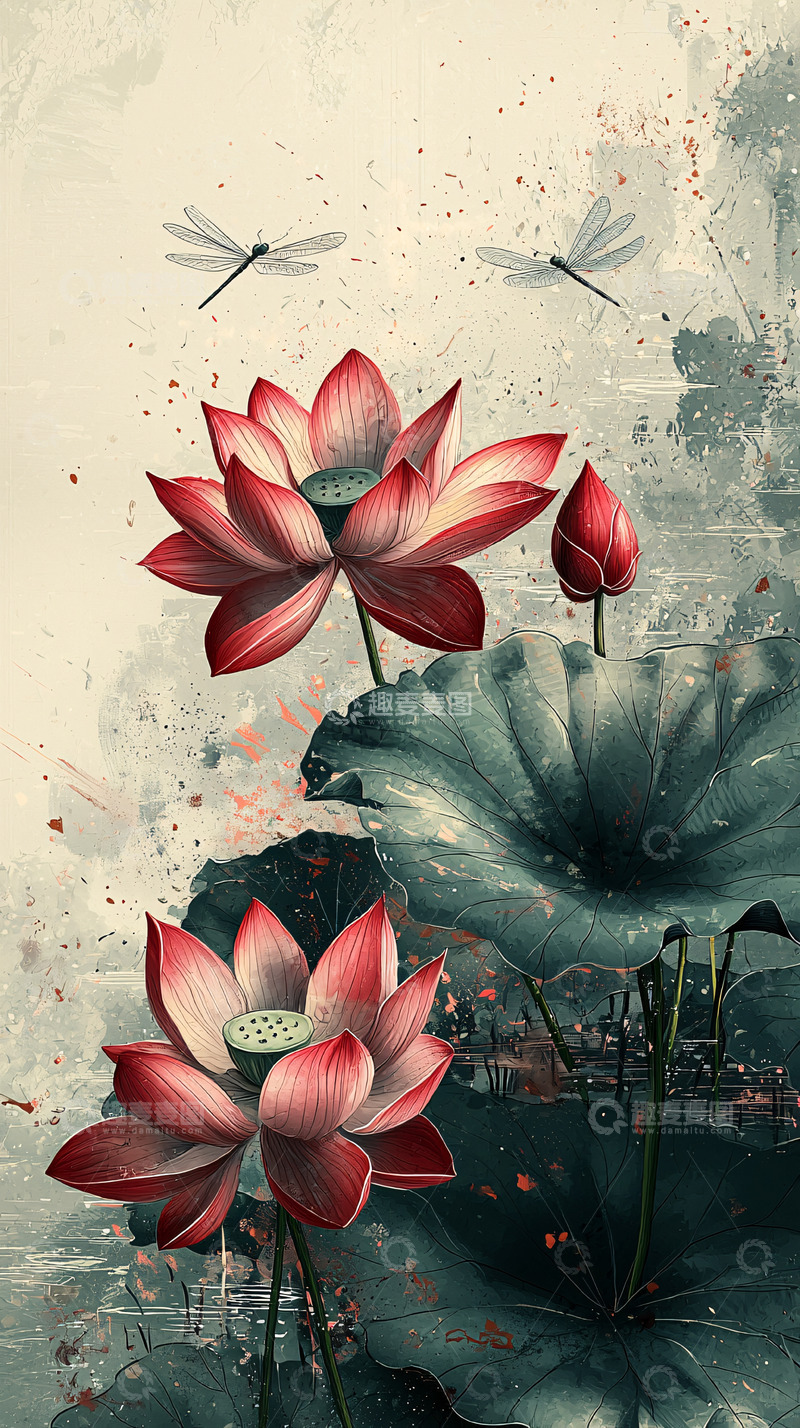 高清大图下载【趣麦麦图】红色莲花与蜻蜓水墨意境图