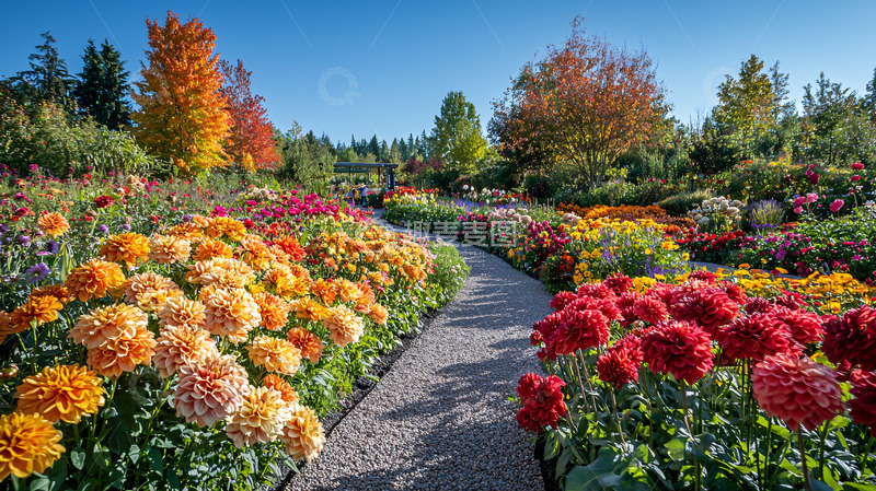 高清大图下载【趣麦麦图】秋日花园彩色花朵小径