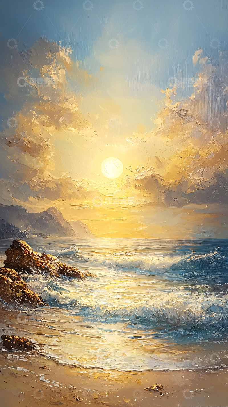 高清大图下载【趣麦麦图】金色阳光洒在海面上的油画