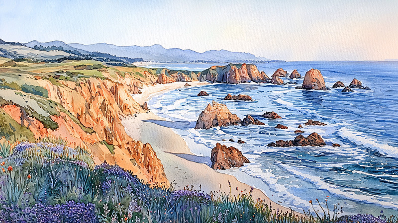 高清大图下载【趣麦麦图】海边岩石沙滩的风景画