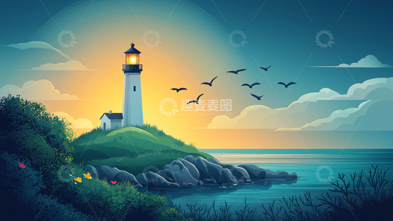 高清大图下载【趣麦麦图】傍晚海边灯塔风景