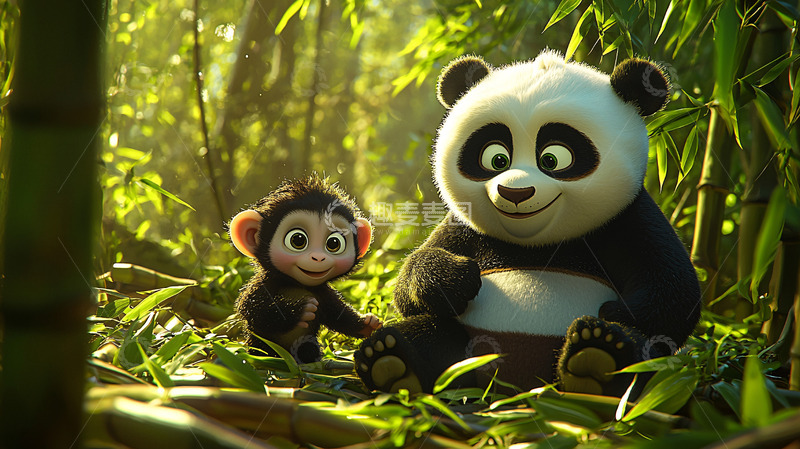 高清大图下载【趣麦麦图】熊猫和猴子在竹林