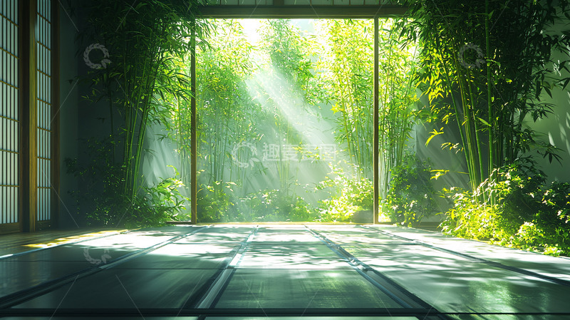 高清大图下载【趣麦麦图】阳光透过竹林洒在地面