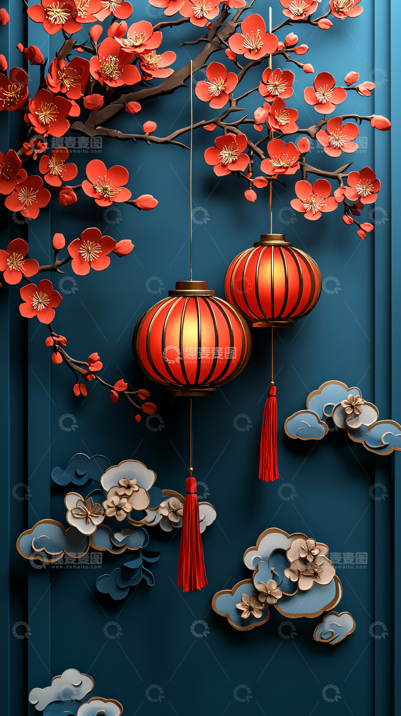 高清大图下载【趣麦麦图】红梅蓝门中式灯笼