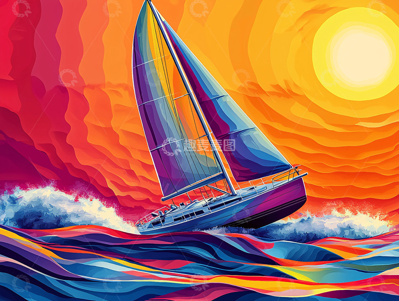 高清大图下载【趣麦麦图】多彩帆船日落航海图