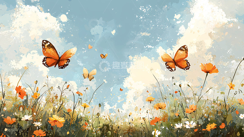高清大图下载【趣麦麦图】蓝天白云下的蝴蝶花田