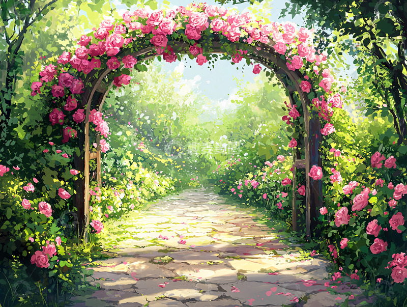 高清大图下载【趣麦麦图】玫瑰花拱门下的花园小路