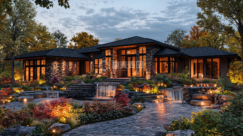 高清大图下载【趣麦麦图】夜晚灯光下的现代风格别墅