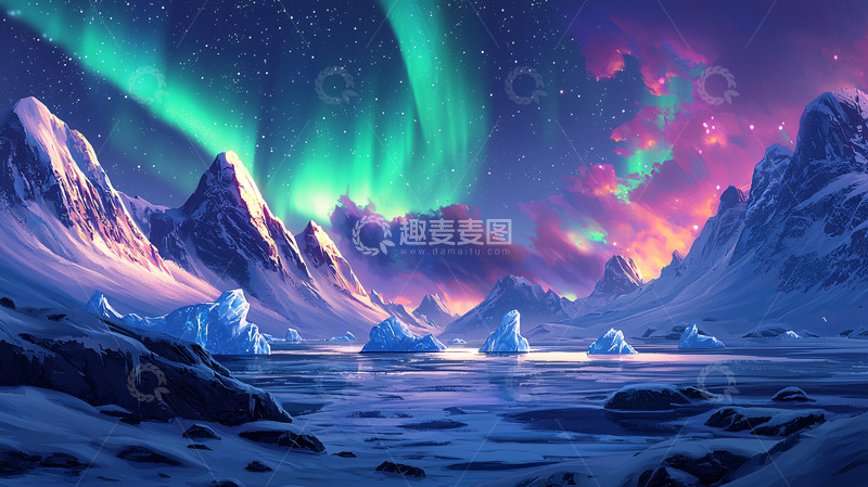 高清大图下载【趣麦麦图】极光下的雪山冰川