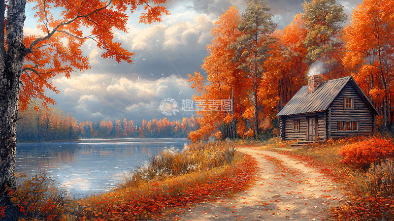 高清大图下载【趣麦麦图】秋日湖边木屋