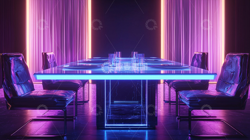 高清大图下载【趣麦麦图】紫色霓虹灯下的长桌