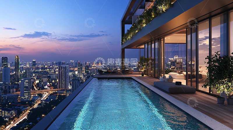 高清大图下载【趣麦麦图】夜景泳池顶层公寓