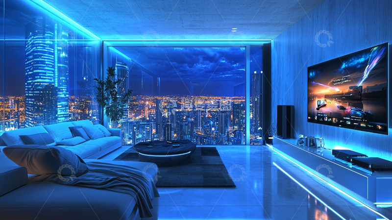 高清大图下载【趣麦麦图】未来都市夜景客厅