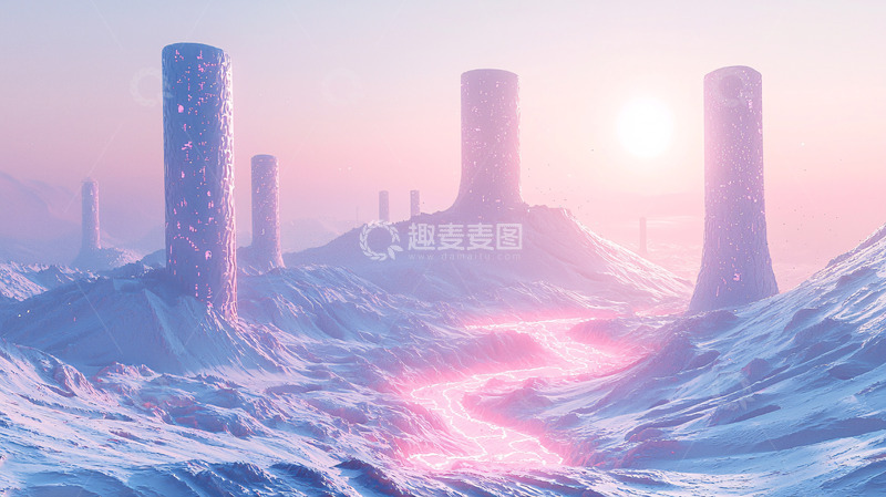 高清大图下载【趣麦麦图】粉色河流环绕的雪山未来都市