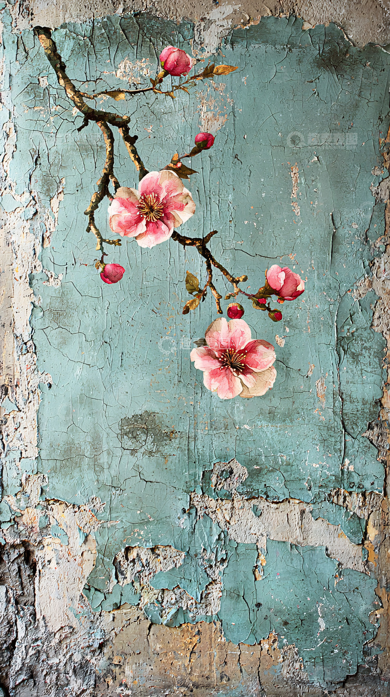高清大图下载【趣麦麦图】古旧墙面粉色花朵