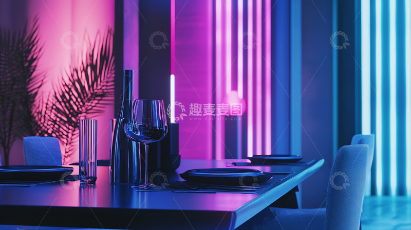 高清大图下载【趣麦麦图】霓虹灯下的现代餐厅