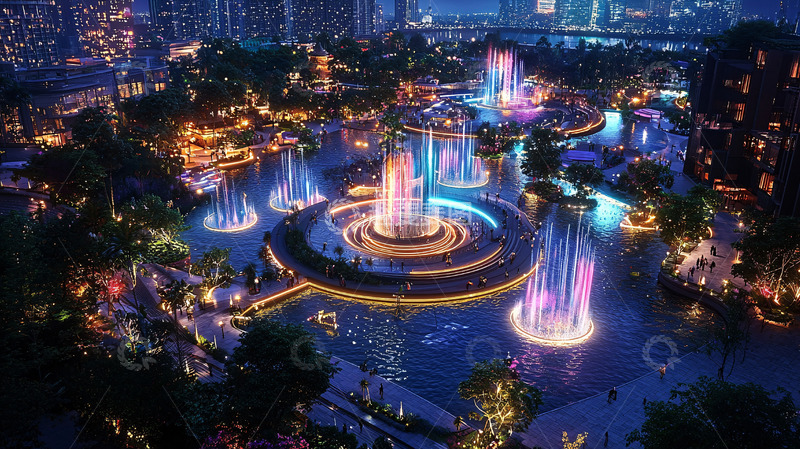 高清大图下载【趣麦麦图】夜景灯光秀喷泉公园