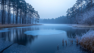 冬季湖面雾气森林美景