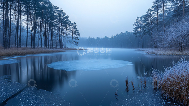 高清大图下载【趣麦麦图】冬季湖面雾气森林美景