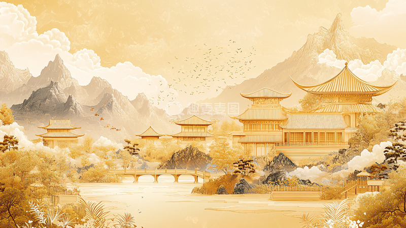高清大图下载【趣麦麦图】金色中国风山水建筑