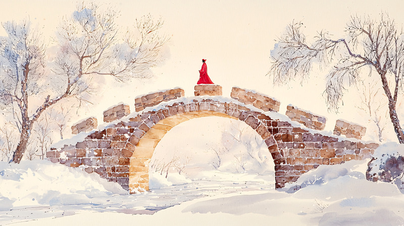 高清大图下载【趣麦麦图】红衣女子雪景古桥