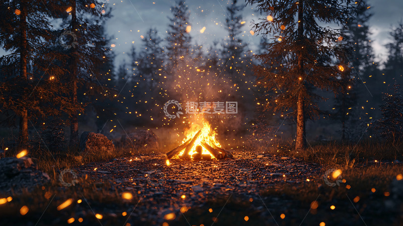 高清大图下载【趣麦麦图】夜晚森林篝火与飞舞火星