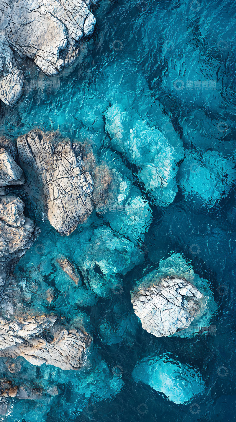 高清大图下载【趣麦麦图】俯瞰清澈海水环绕礁石