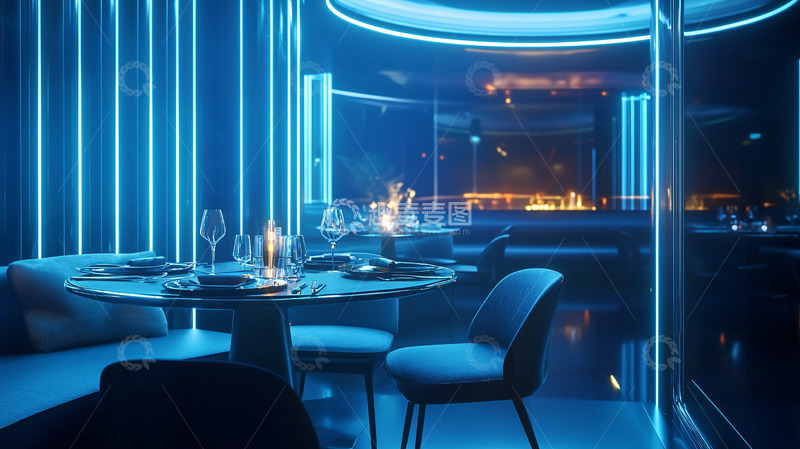高清大图下载【趣麦麦图】蓝色霓虹灯下的高级餐厅