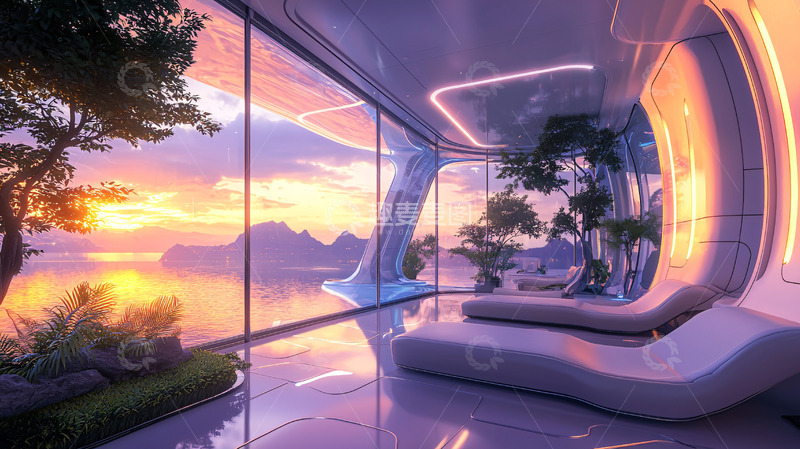 高清大图下载【趣麦麦图】未来感豪宅日落景色
