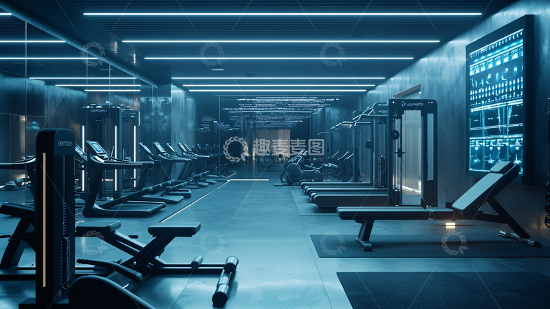 高清大图下载【趣麦麦图】蓝色灯光下的现代化健身房