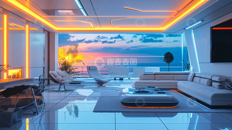 高清大图下载【趣麦麦图】现代科技感海景豪宅客厅