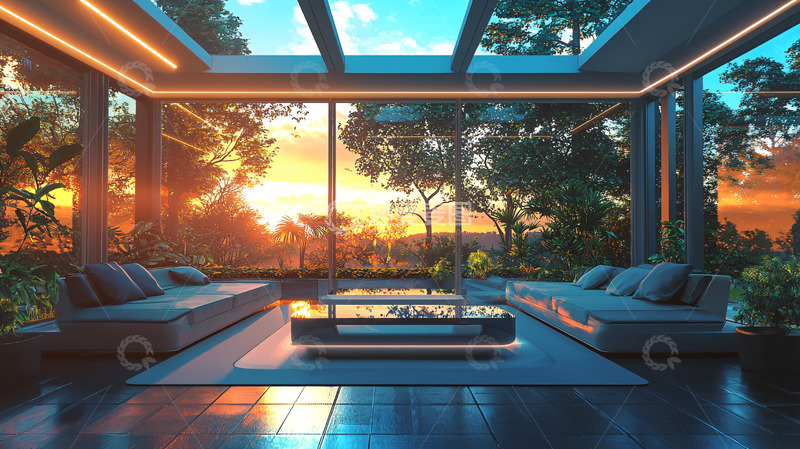 高清大图下载【趣麦麦图】现代玻璃房落日景观