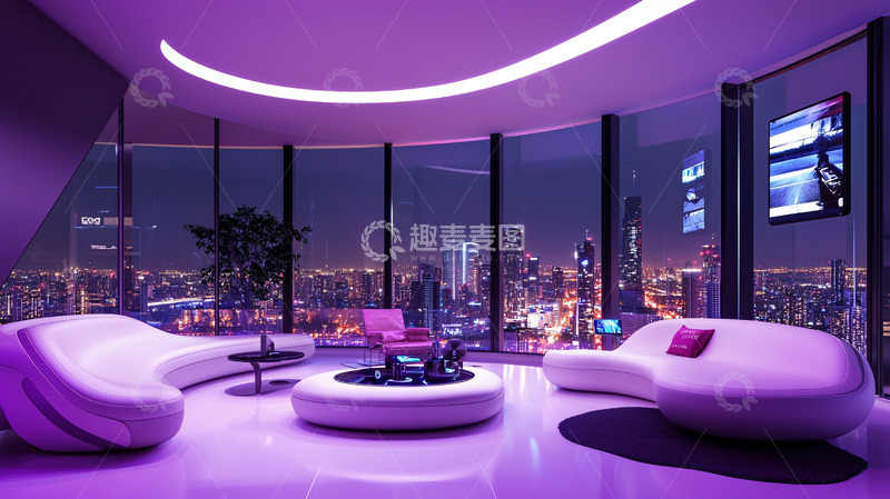 高清大图下载【趣麦麦图】紫色灯光下的现代都市公寓客厅