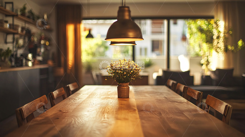 高清大图下载【趣麦麦图】温暖的木质餐桌与吊灯