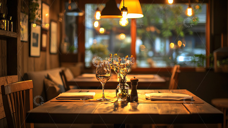 高清大图下载【趣麦麦图】温暖灯光下的餐厅桌椅