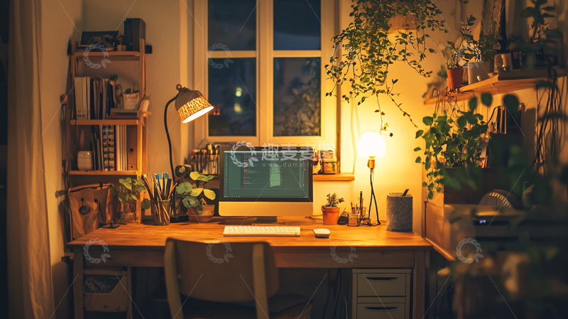 高清大图下载【趣麦麦图】温暖舒适的夜间办公桌