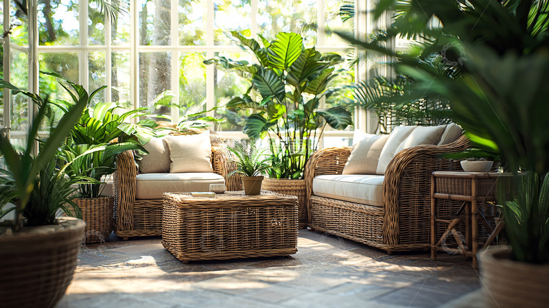 高清大图下载【趣麦麦图】阳光洒满室内藤编家具